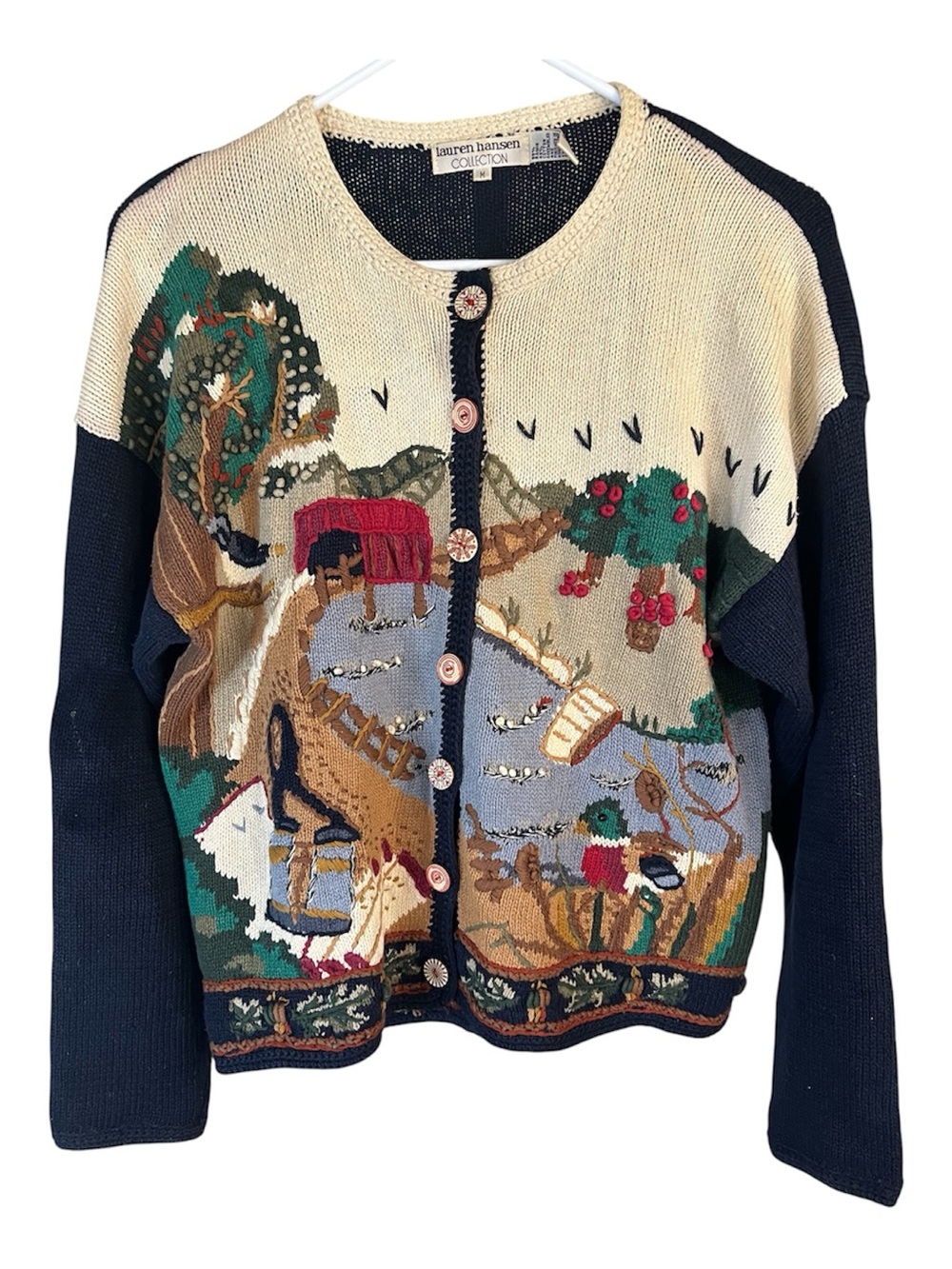 Lauren Hansen Vintage 90s Hand Knit Embroidered Country Scenic Button Cardigan